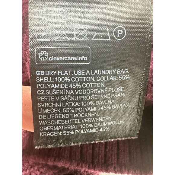 H&M Women’s Burgundy Cotton Knit Sweater Lace Trim Vneck Size XS Oversized - Picture 7 of 8